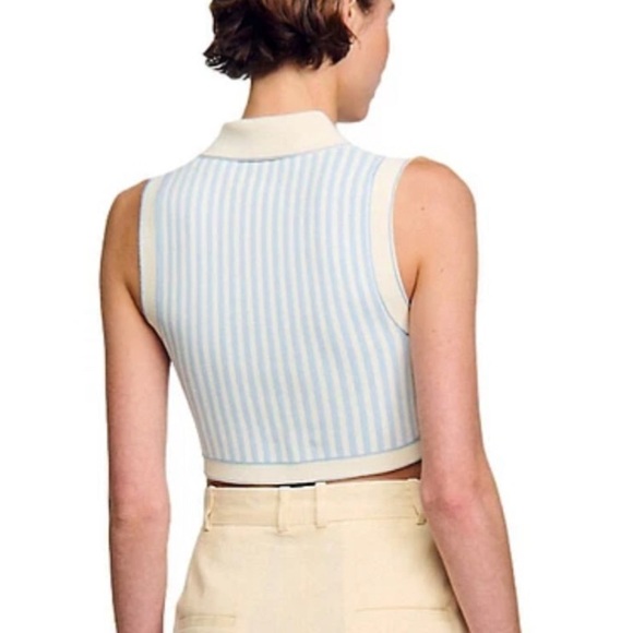 Sandro Aussy Striped Crop tank top constrast stitches size 0 XS 34 light blue - Picture 2 of 5